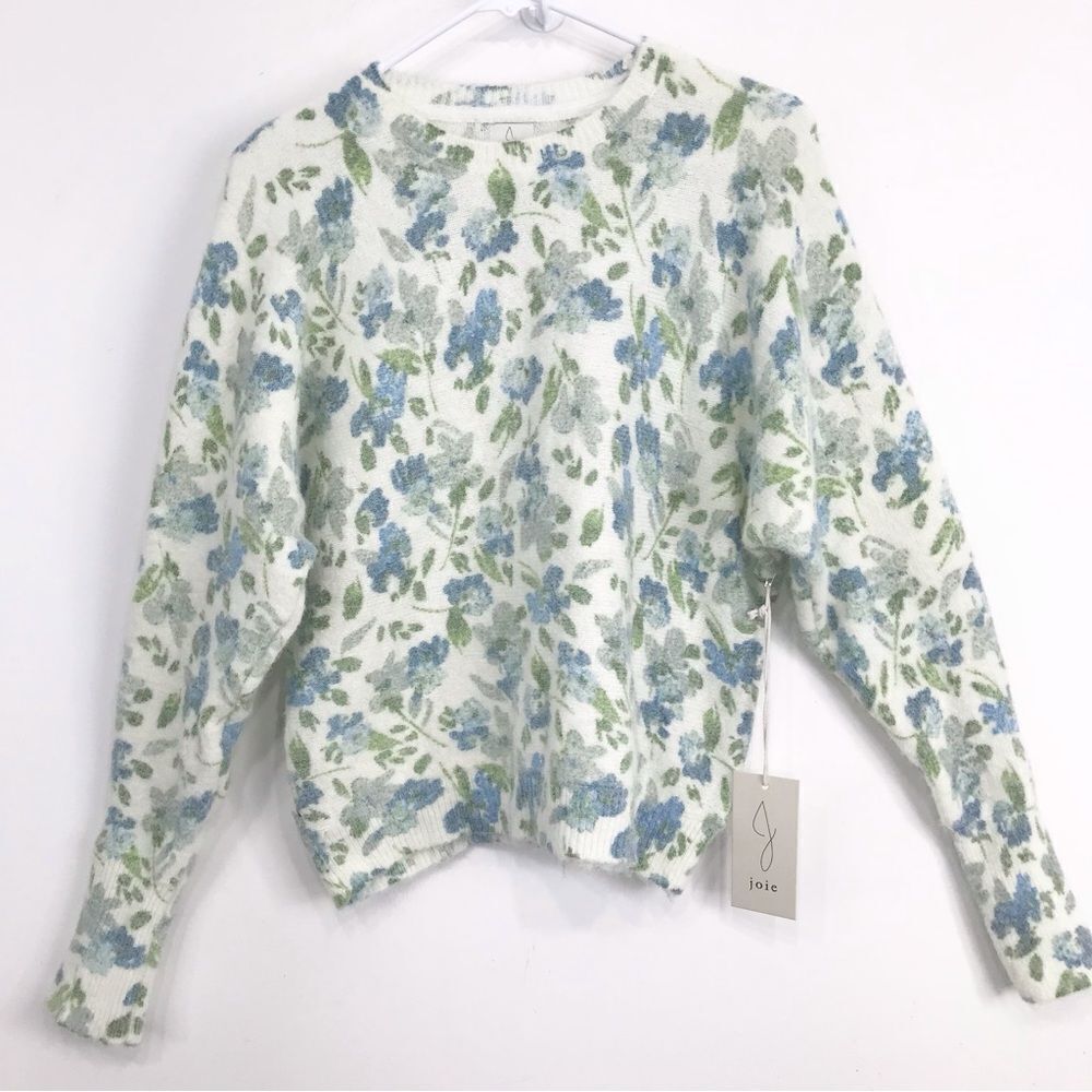 JOIE Blue Green Floral Fuzzy White Crew Neck Pullover Spring Sweater NEW